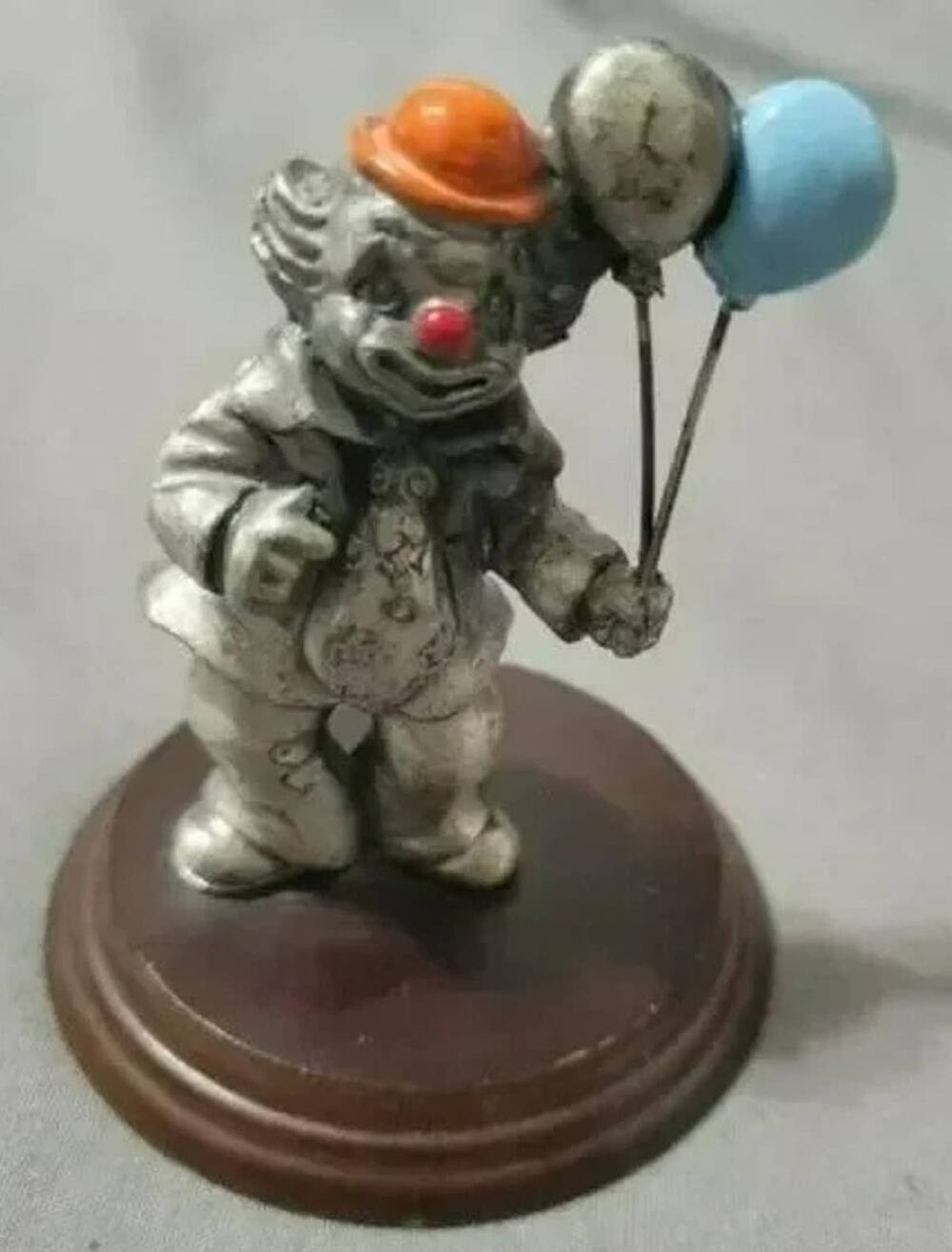 George Good -Judy Talbo Cast Pewter Clown On Wood Base With Balloons